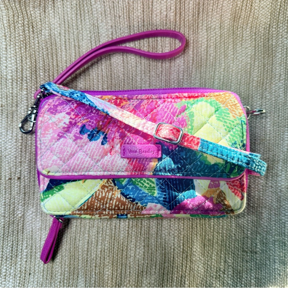 Vera Bradley Pink Teal Blue Yellow Tropical Quilted Wristlet Crossbody Purse